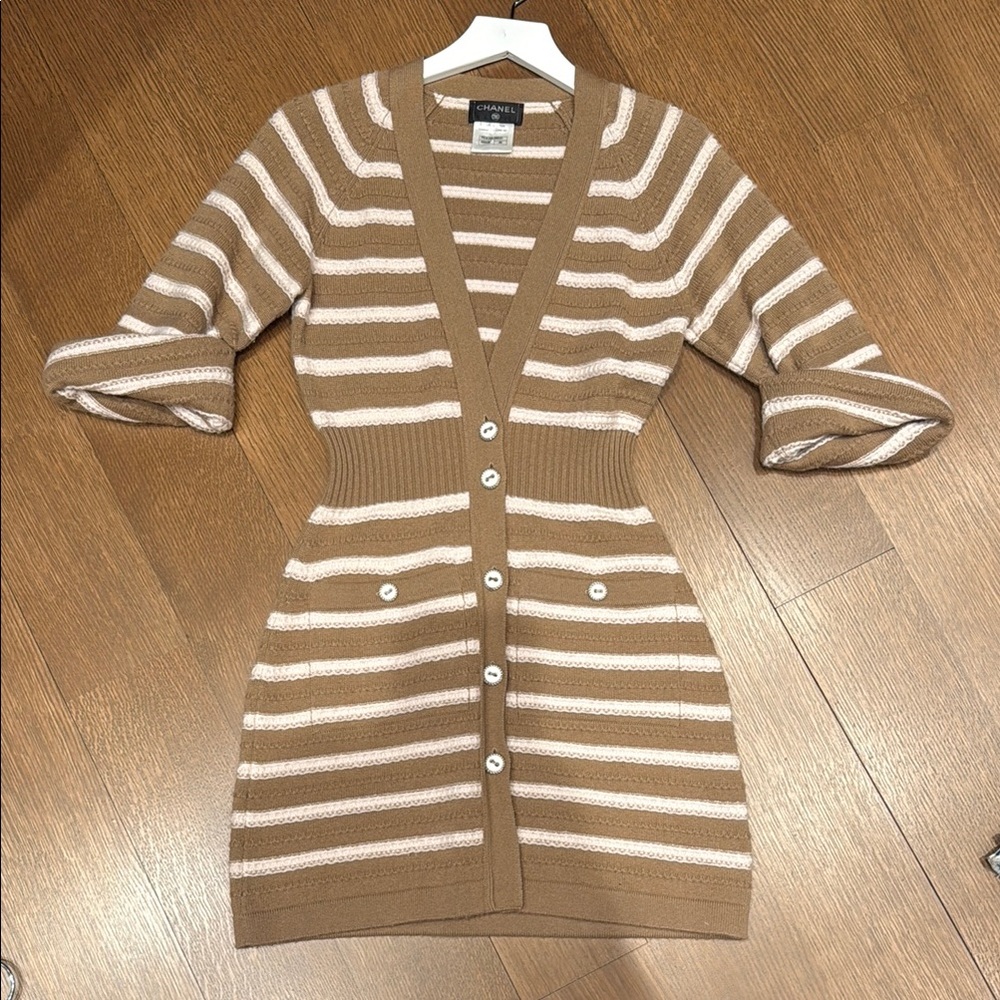 CHANEL Tan and Cream Mini Sweater Dress